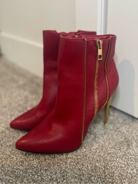 Catherines Red Leather Pointed Toe Stiletto Booties with Gold Zipper Detail